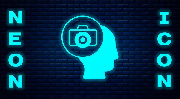 Gloeiende Neon Foto Camera Pictogram Geïsoleerd Baksteen Muur Achtergrond Foto — Stockvector