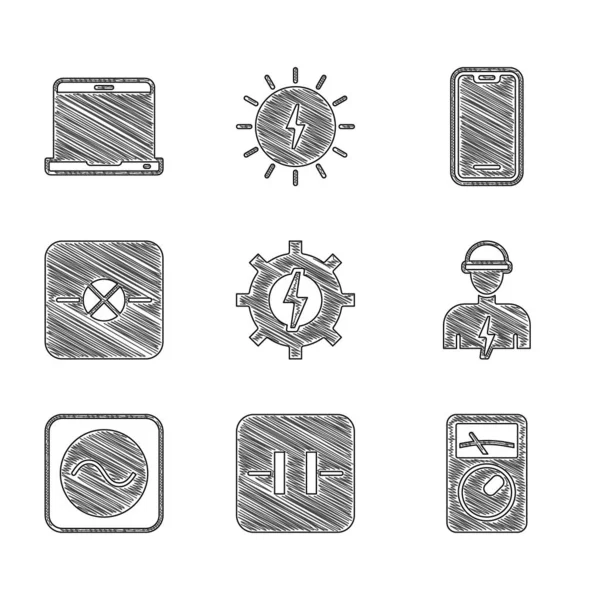 Set Getriebe Und Blitz Elektrolytkondensator Ampere Meter Multimeter Elektriker Wechselspannungsquelle — Stockvektor