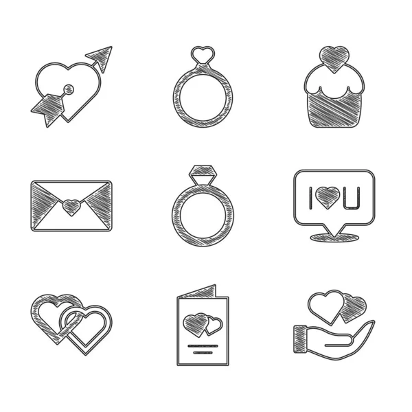 Set Wedding Rings Valentines Day Flyer Heart Hand Speech Bubble — Stockový vektor