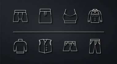 Çizgi Erkekler İç Çamaşırı Süveter Şort ya da Yelek Etek Pantolon ve Kadın Ekin ikonu. Vektör.