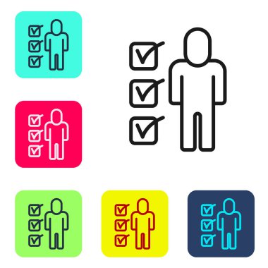 Siyah çizgi beyaz arkaplanda izole edilmiş simgeye devam et. Özgeçmiş başvurusu. Profesyonel personel aranıyor. Personel analizi devam ediyor. Renkli kare düğmelerle simgeleri ayarla. Vektör.