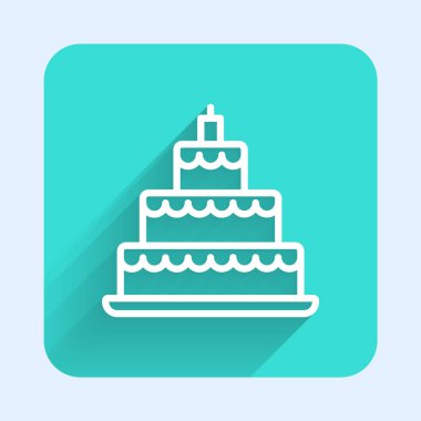 Beyaz çizgi düğün pastası ikonu uzun gölge arkaplan izole. Yeşil kare düğmesi. Vektör.