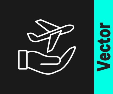 Siyah arkaplanda beyaz çizgi çizgisi simgesi var. Uçan uçak. Uçak sigortası. Güvenlik, güvenlik, koruma, konsept koruma. Vektör.