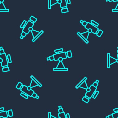 Yeşil çizgi Teleskop simgesi mavi arkaplanda izole edilmiş kusursuz desen. Bilimsel bir alet. Eğitim ve astronomi elementi, dürbün ve çalışma yıldızları. Vektör.