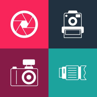 Pop Art Camera fotoğraf makinesi fotoğraf makinesi ve deklanşör simgesini ayarla. Vektör.