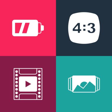 Pop Art Photo çerçeve kamera rulo kartuşu 4 ve bataryayı kamera simgesi için ayarla. Vektör.