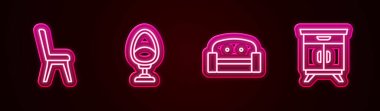 Sıralı Koltuk Koltuğu ve Mobilya Komodini ayarla. Parlayan neon ikonu. Vektör.