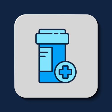 Mavi arka planda izole edilmiş ana hatlı ilaç şişesi simgesi. Şişe hapı işareti. Eczane tasarımı. Vektör.