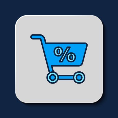 Mavi arka planda izole edilmiş ana hatlı alışveriş arabası simgesi. İnternetten satın alma konsepti. Servis tabelası. Süpermarket sepeti sembolü. Vektör.