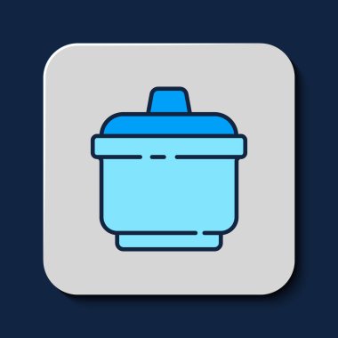 Mavi arkaplanda izole edilmiş ana hatlı tencere ikonu. Haşlama ya da güveç besin sembolü. Vektör.