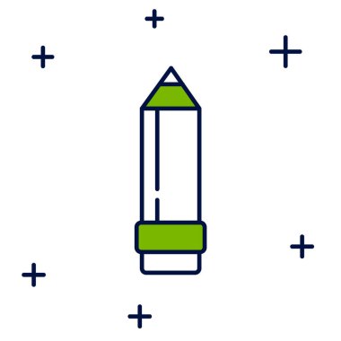 Beyaz arkaplanda izole edilmiş silgi simgesiyle doldurulmuş kalem. Çizim ve eğitim araçları. Okul sembolü. Vektör.