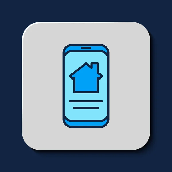 Filled Outline Online Vastgoed Huis Smartphone Icoon Geïsoleerd Blauwe Achtergrond — Stockvector