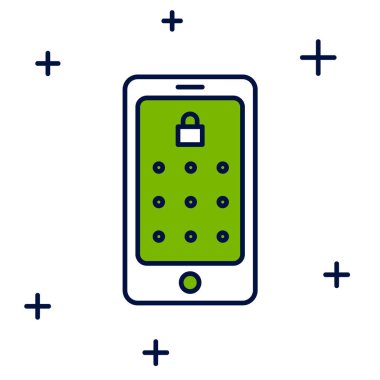 Doldurulmuş cep telefonu ve beyaz arkaplanda izole edilmiş grafik şifre koruma simgesi. Güvenlik, kişisel erişim, kullanıcı yetkisi. Vektör.