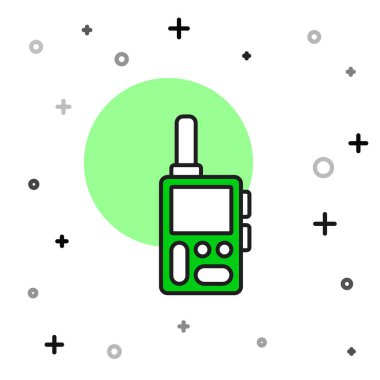 Beyaz arkaplanda izole edilmiş ana hatlı telsiz ikonu. Taşınabilir radyo vericisi simgesi. Radyo alıcı-vericisi işareti. Vektör.