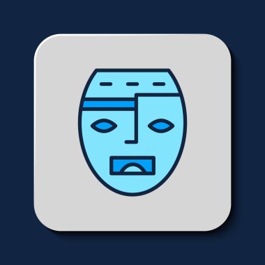 Mavi arka planda Meksika mayası ya da Aztek maskesi ikonu var. Vektör.