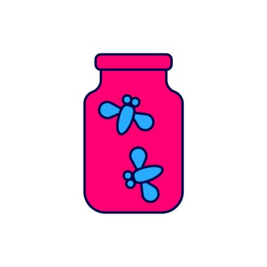 Beyaz arkaplanda izole edilmiş bir kavanoz ikonundaki Ateşböcekleri ana hatlarıyla dolu. Vektör.