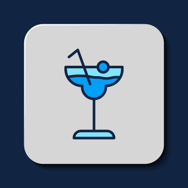 Ana hatlarıyla doldurulmuş Kokteyl ve alkol ikonu mavi arka planda izole edilmiş. Vektör.