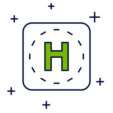 Beyaz arka planda izole edilmiş ana hatlı helikopter iniş pisti simgesi. Helikopter pisti, alan, platform, H harfi. Vektör.