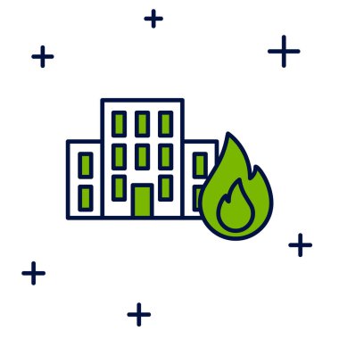 Filled outline Fire in burning buildings on city street icon isolated on white background. Destroyed city on fire. Vector.