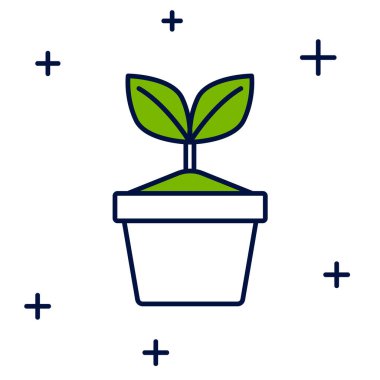 Doldurulmuş bitki özü beyaz arkaplanda izole edilmiş tencere simgesi. Tencerede yetişen bir bitki. Saksı bitkisi işareti. Vektör.