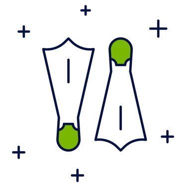 Beyaz arka planda izole edilmiş yüzme ikonu için kaplamalı plastik yüzgeçler. Dalış ekipmanları. Olağanüstü bir spor. Spor malzemeleri. Vektör.