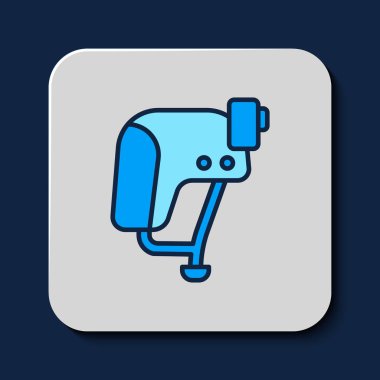 Mavi arkaplanda izole edilmiş ana hatlı kaykay başlığı simgesi. Olağanüstü bir spor. Spor malzemeleri. Vektör.