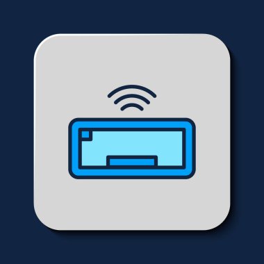 Doldurulmuş ana hatlı Bilgisayar klavye simgesi mavi arkaplanda izole edildi. Bilgisayar bileşeni işareti. Vektör.