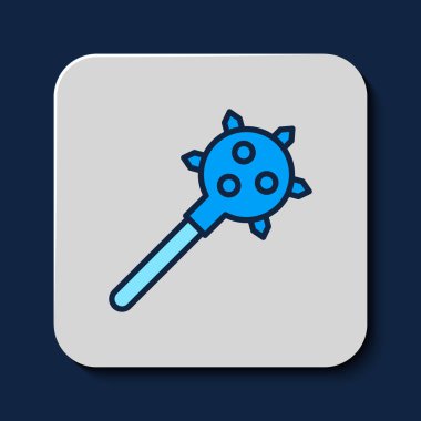 Filled outline Medieval chained mace ball icon isolated on blue background. Morgenstern medieval weapon or mace with spikes. Vector.