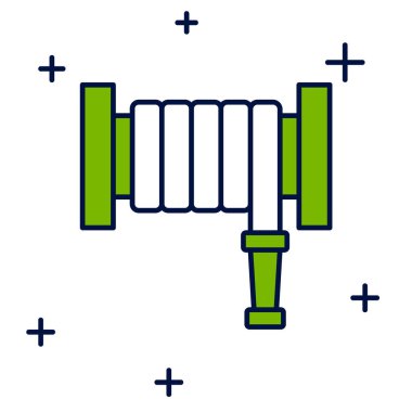 Beyaz arka planda izole edilmiş ana hatlı itfaiye hortumu makarası simgesi. Vektör.