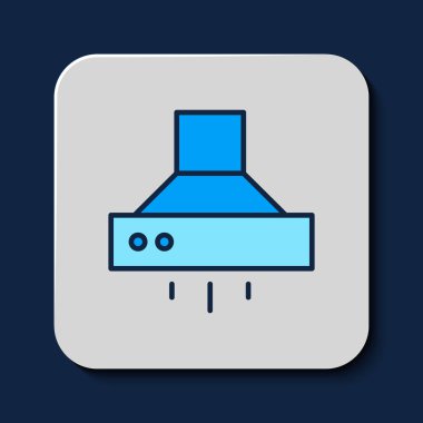 Doldurulmuş ana hatlı mutfak sökücü fan simgesi mavi arkaplanda izole edildi. Mutfak kaputu. Mutfak egzozu. Ev aletleri. Vektör.