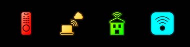 Uzaktan kumandalı ağ bulut bağlantısını Wi-fi ve kablosuz internet ikonu ile akıllı ev olarak ayarla. Vektör.
