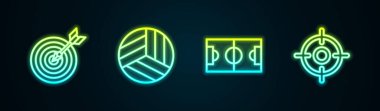 Ok, voleybol, futbol ya da futbol sahası ve sporla çizgiyi hedefle. Parlayan neon ikonu. Vektör.