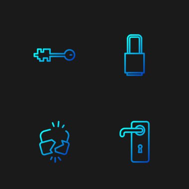 Hat kolu, kırık kilit, eski anahtar ve kilit. Renk simgeleri. Vektör.