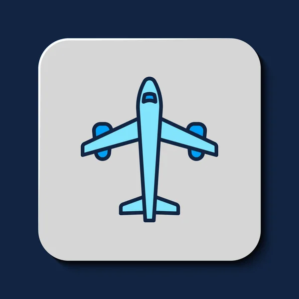 填充轮廓平面图标孤立在蓝色背景 飞行的飞机图标 航空公司的标志 — 图库矢量图片