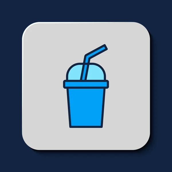填充轮廓纸杯与饮用吸管和水图标隔离蓝色背景 苏打水 新鲜冷饮的象征 — 图库矢量图片