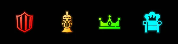 Set Escudo Casco Medieval Hierro Corona Rey Icono Del Trono — Vector de stock