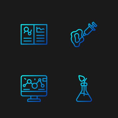 Fabrika üretimi, Genetik mühendisliği modifikasyonu, Klinik kaydı ve şırınga. Renk simgeleri. Vektör.