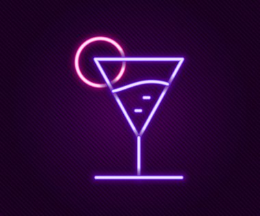 Parlayan neon hattı Martini cam ikonu siyah arka planda izole edildi. Kokteyl ikonu. Şarap kadehi ikonu. Renkli taslak konsepti. Vektör.