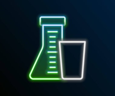Parlayan neon hattı test tüpü ve kimyasal test ikonu siyah arkaplanda izole edildi. Laboratuvar cam levhası. Renkli taslak konsepti. Vektör.
