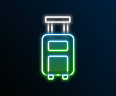 Parlayan neon hattı seyahat simgesi bavulu siyah arkaplanda izole edildi. Seyahat bagaj tabelası. Seyahat bagaj ikonu. Renkli taslak konsepti. Vektör.