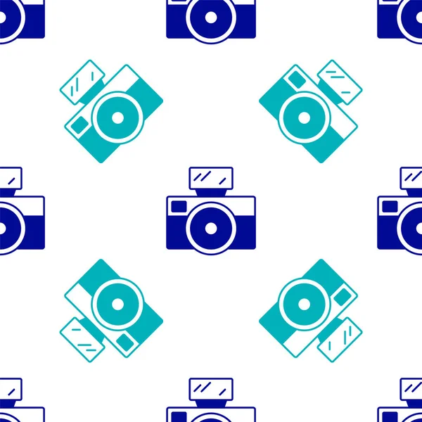 Blauwe Fotocamera Met Lichtflitspictogram Geïsoleerd Naadloos Patroon Witte Achtergrond Foto — Stockvector
