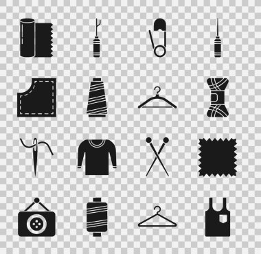 Kolsuz tişört deri iplik emniyet iğnesi dikiş ipliği kumaş rulo ve elbise askısı ikonu ayarla. Vektör.