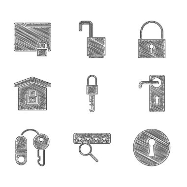 Kilitli Anahtar Korunması Anahtar Deliği Kapı kulpunu Dizin kilidi simgesiyle ayarla. Vektör.