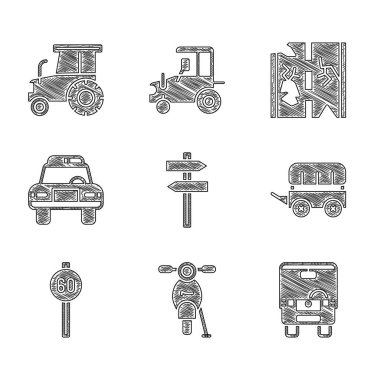 Trafik levhası, Scooter Otobüs Vahşi Batı, hız limitini aşan polis arabası, bozuk yol ve traktör ikonunu ayarlayın. Vektör.