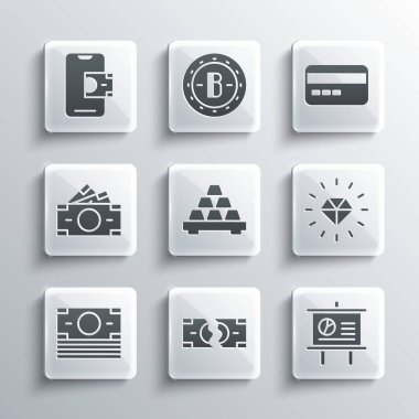 Yırtılan para banknotu tebeşir tahtasını diyagram Diamond Gold külçeleri kağıt para mobil bankacılık ve kredi kartı ikonu ile ayarla. Vektör.