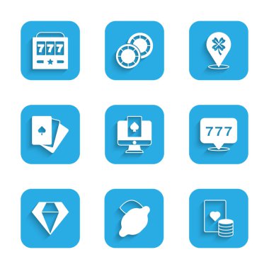 Çevrimiçi poker masası kumarhane slot makinesini limon cipsi ve kart oyunu büyük ikramiyesi yonca ve ikon Diamond Deck ile ayarla. Vektör.