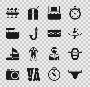 Kürekli yüzme sandıkları, kayık, su voleybolu, atlama tahtası, sıçrama tahtası, kano, kürek sporları ve bilardo ikonu. Vektör.