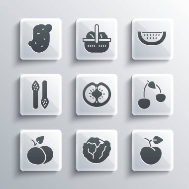 Lahana Şeftali, şeftali, şeftali, şeftali, vişneli domates, kuşkonmaz, patates ve karpuz ikonu. Vektör.