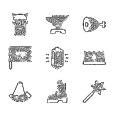 Mücevher Taşı Viking botları, sivri uçlu Kral taç, boynuzlu Viking bacağı ve kafa ikonu. Vektör.