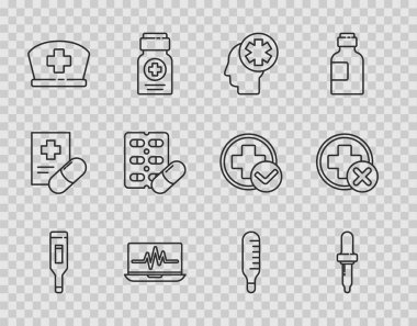 Tıbbi termometre, hastane laptop kardiyogramı, hemşire şapkası, su toplaması ve Cross tıbbi ikonu ile tıbbi termometre erkek kafası ayarlayın. Vektör.